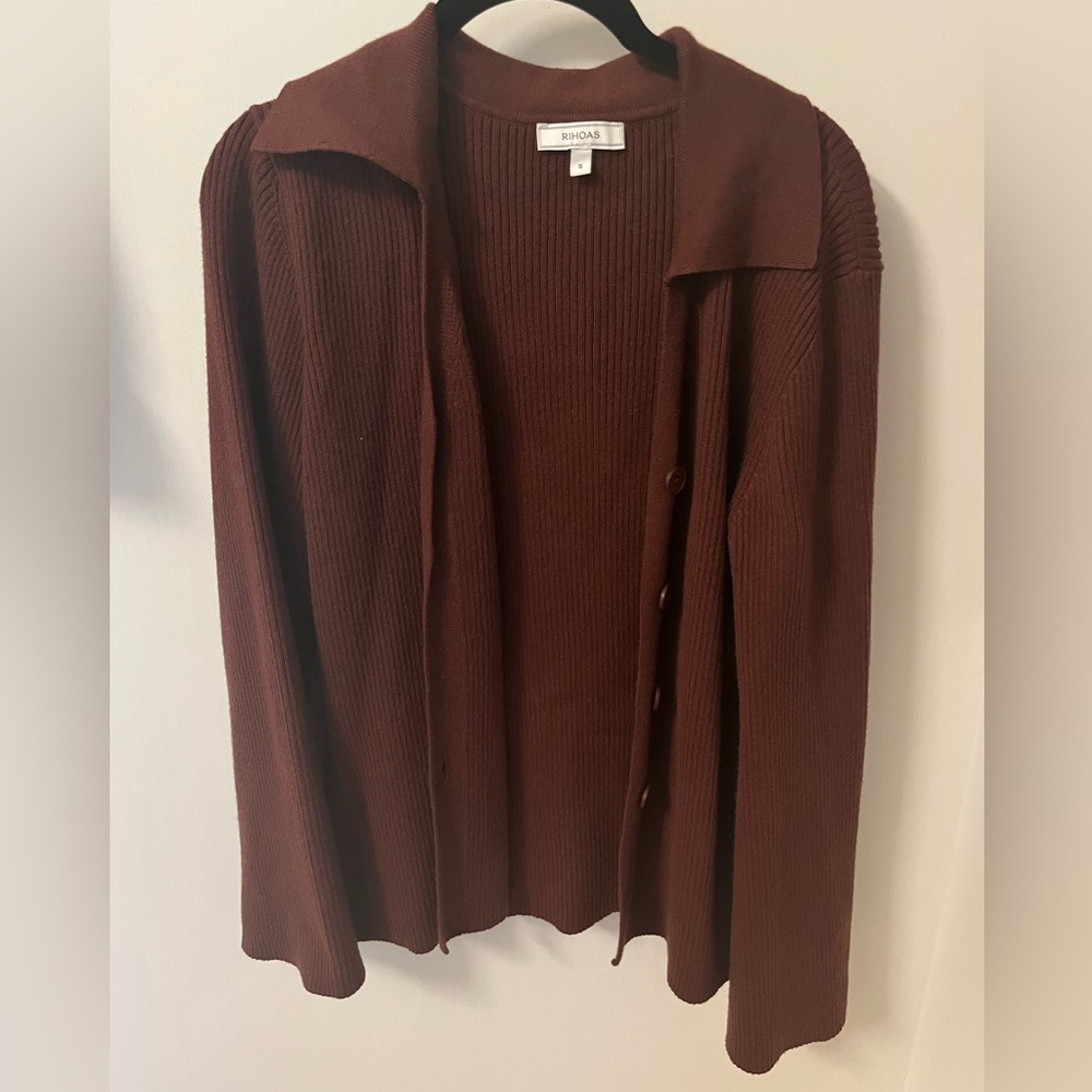 Brown Ribbed Button-Front Women’s Sweater Size S